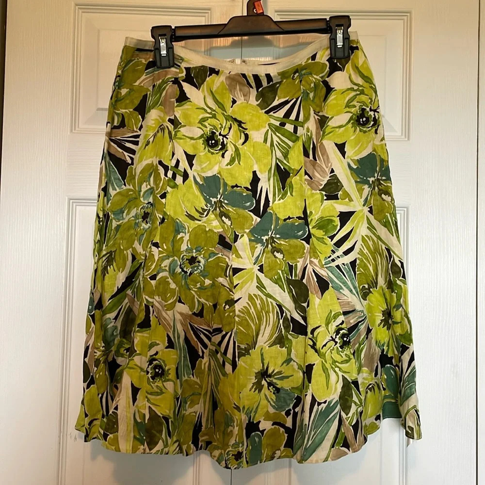 Studio by Liz Claiborne linen floral skirt 8 100% linen Greens/turquoise flare